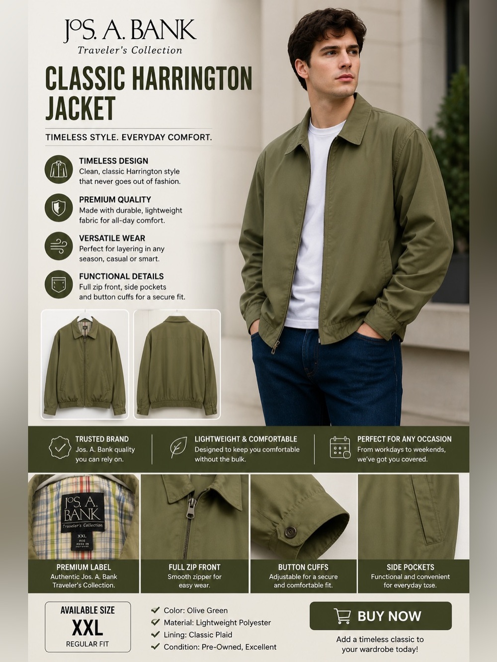 Jos. A. Bank Olive Green Classic Harrington Bomber Jacket